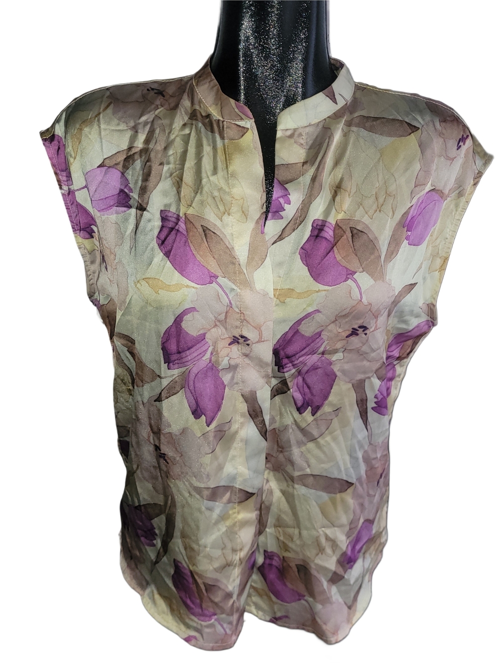 Elie Tahari Cream And Purple Floral Print Sleeveless Button-Up Blouse Size S